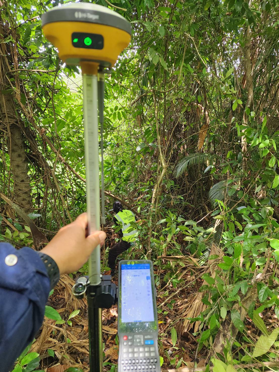 ชุดเครื่องรับ GNSS ขณะปฏิบัติงานในพื้นที่พืชหนาแน่น